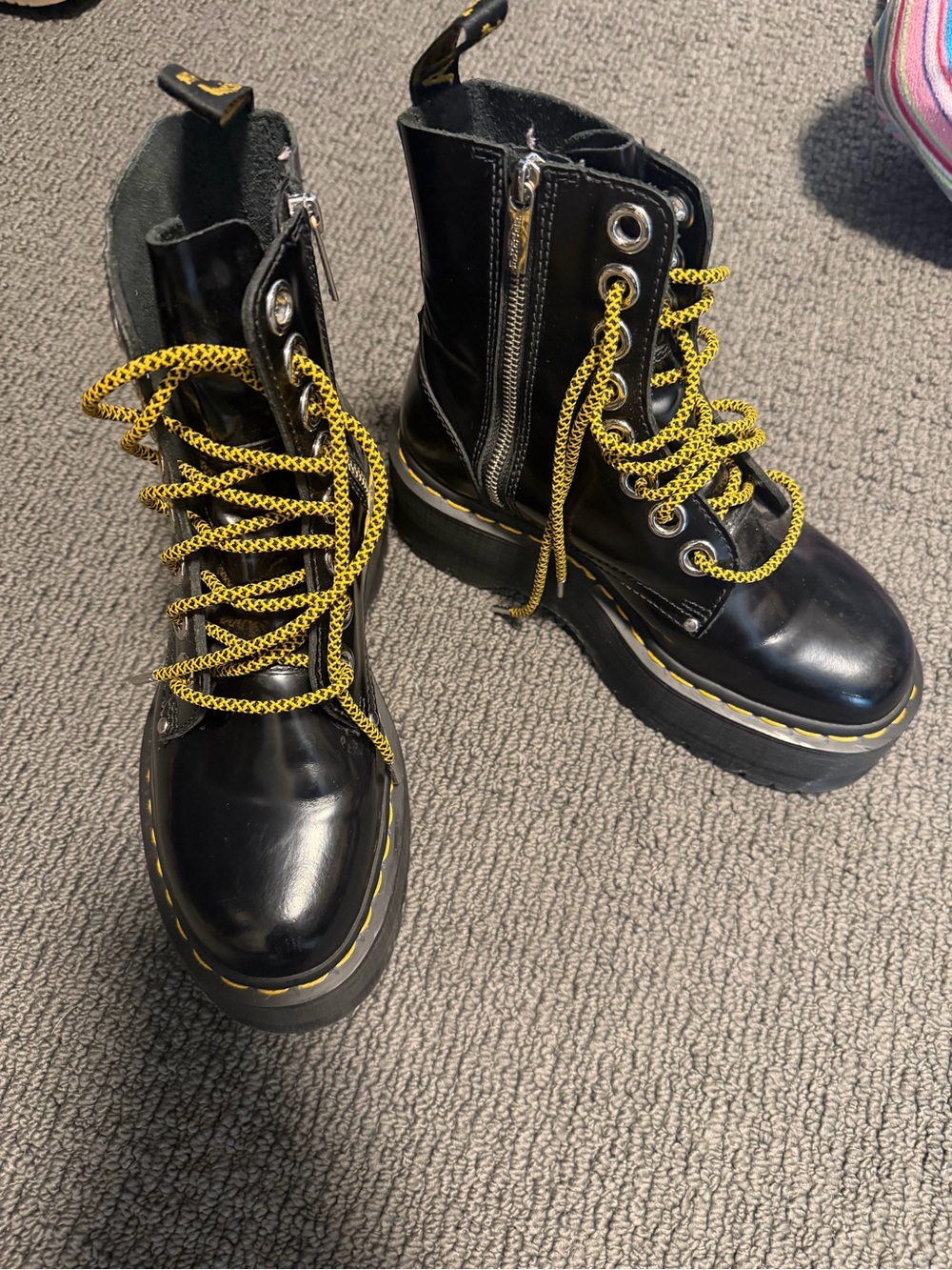 Dr. Martens Black Platform Combat Boots with Yellow Accents